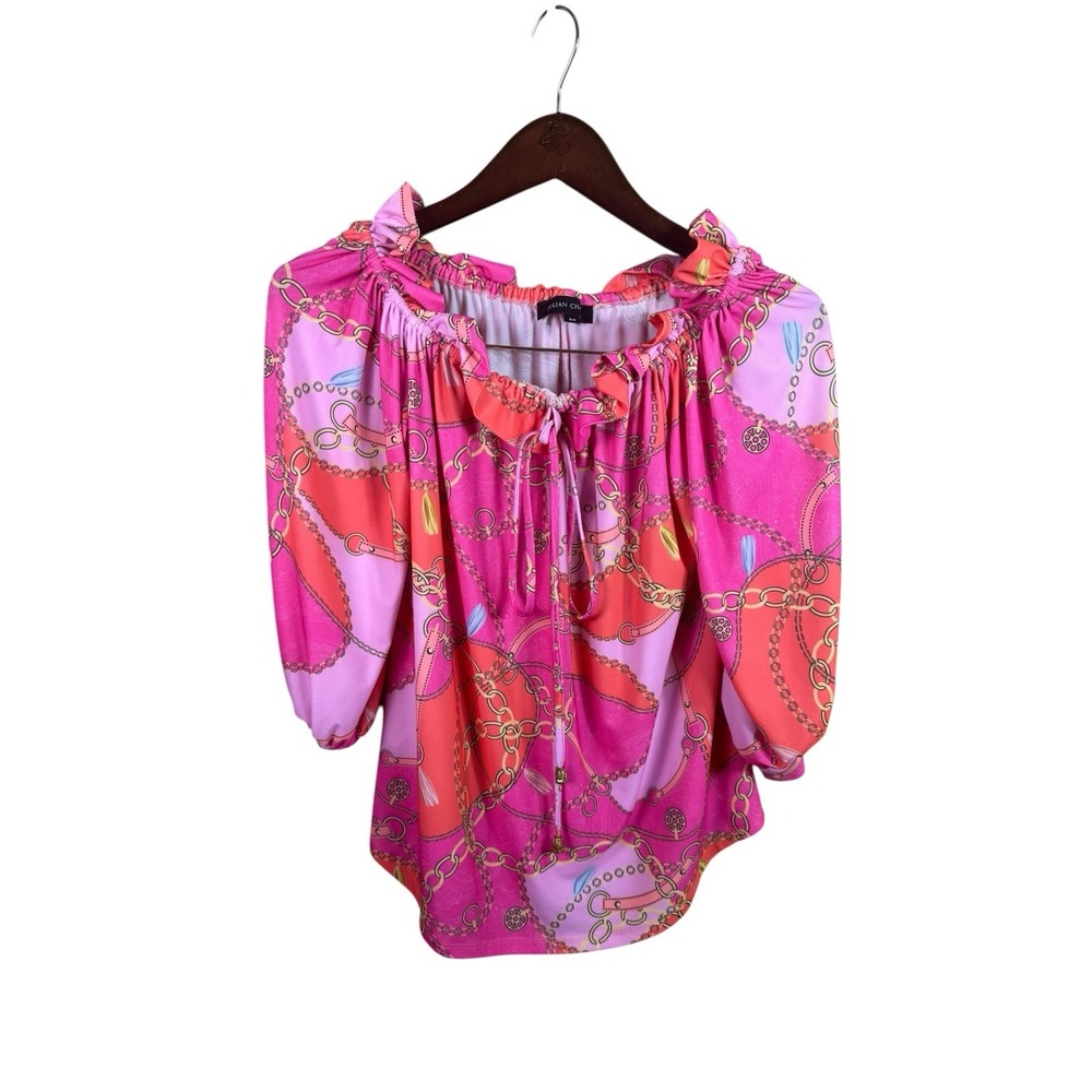 Julian Chang Off The Shoulder Chain Print Top Size Medium 100% Silk